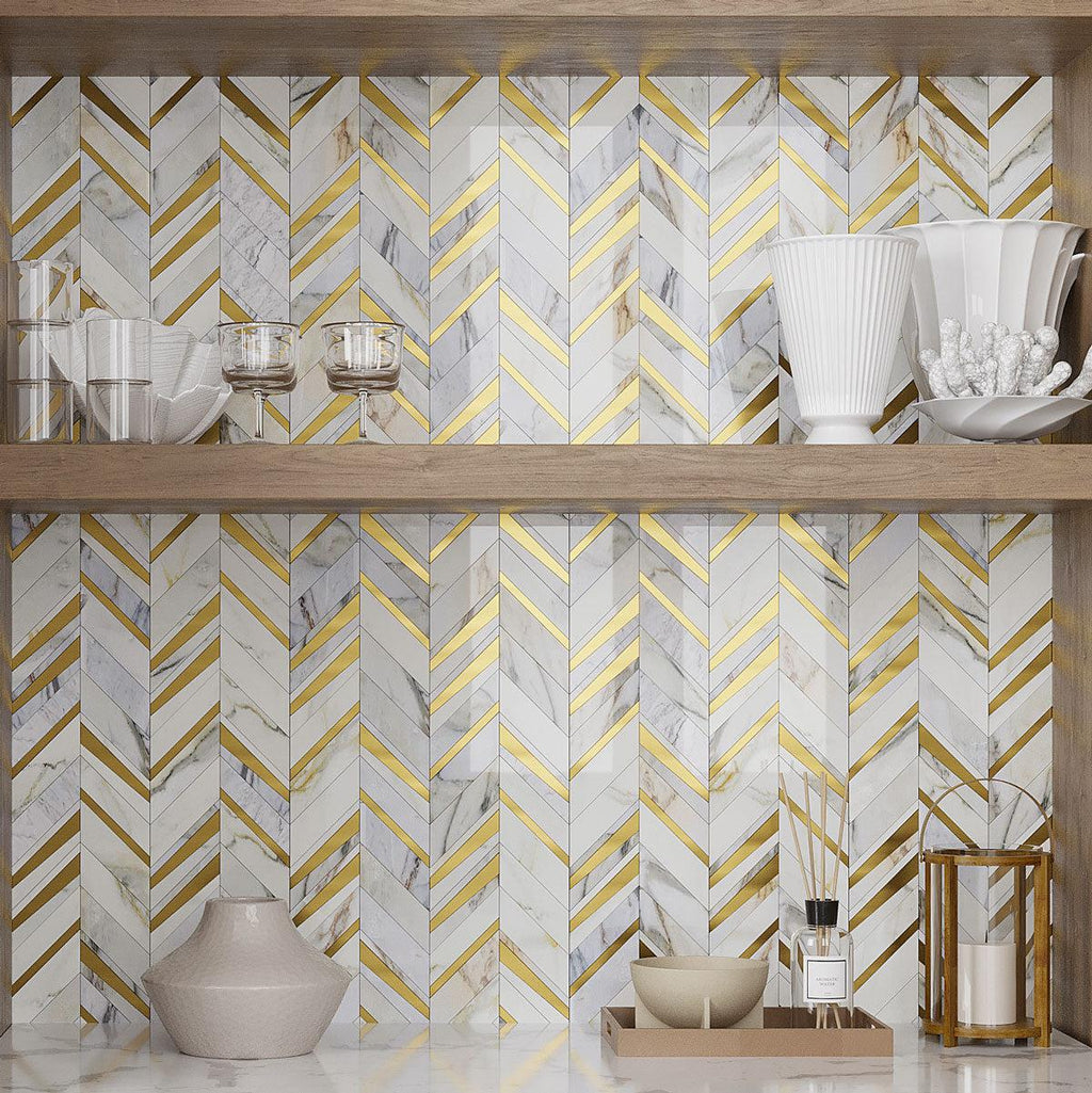 Calacatta Gold and Brass Chevron Mosaic Shelf Backsplash