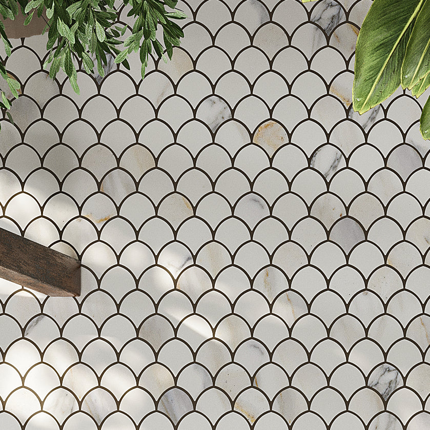 Calacatta Gold and Thassos Scale Marble Mosaic Tile | Tile Club