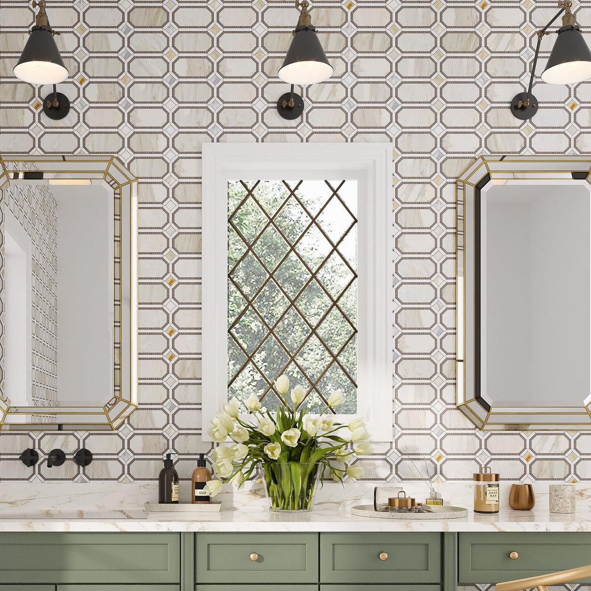 Octagon marble tile bathroom wall