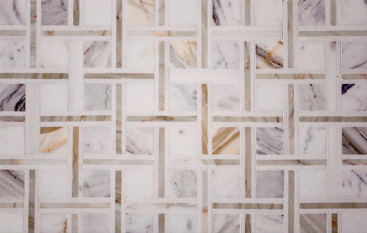 Basket pattern tile mosaic with Calacatta Gold and Thassos Marble