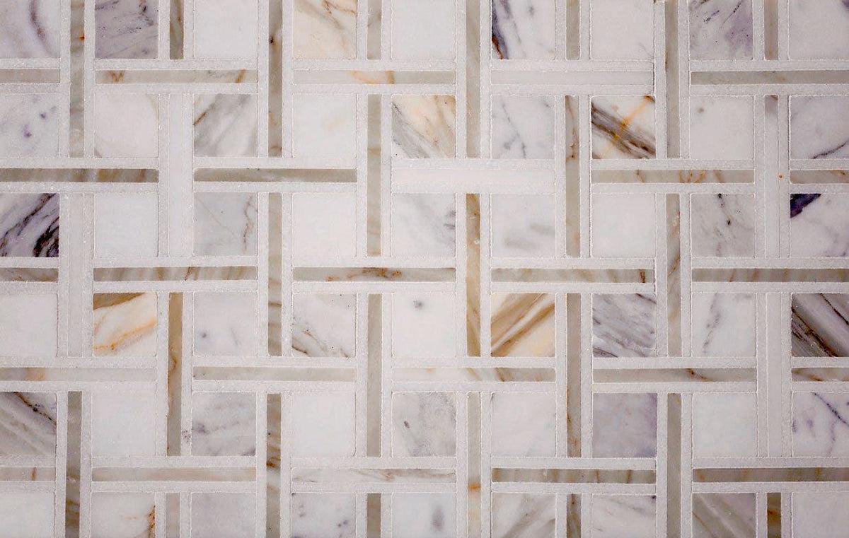 Basket pattern tile mosaic with Calacatta Gold and Thassos Marble