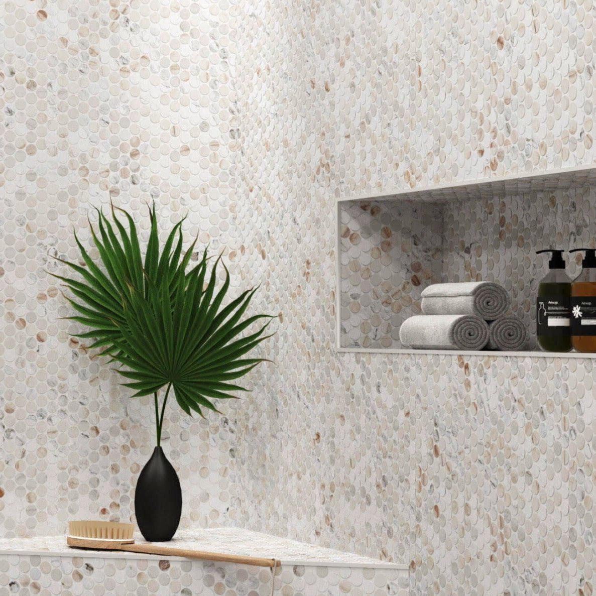 Calacatta Gold Penny Round Shower tile