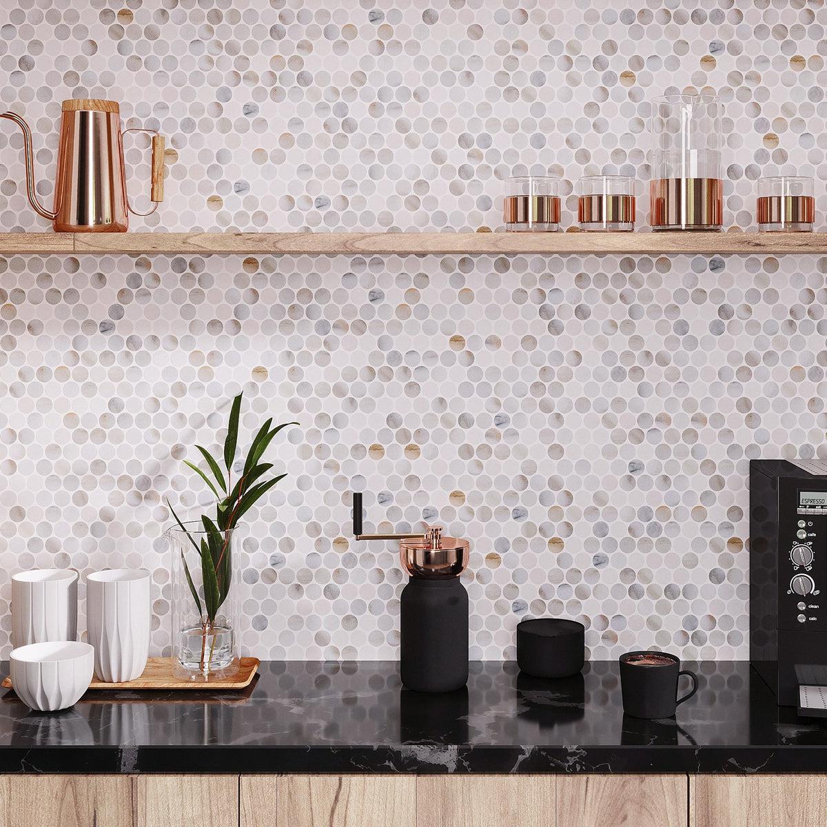 White marble penny tile coffee bar backsplash