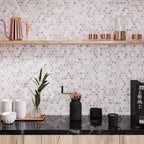 White marble penny tile coffee bar backsplash