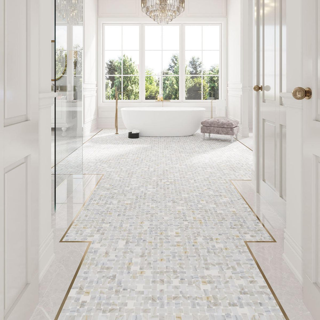 Airy bathroom with a marble basket weave floor