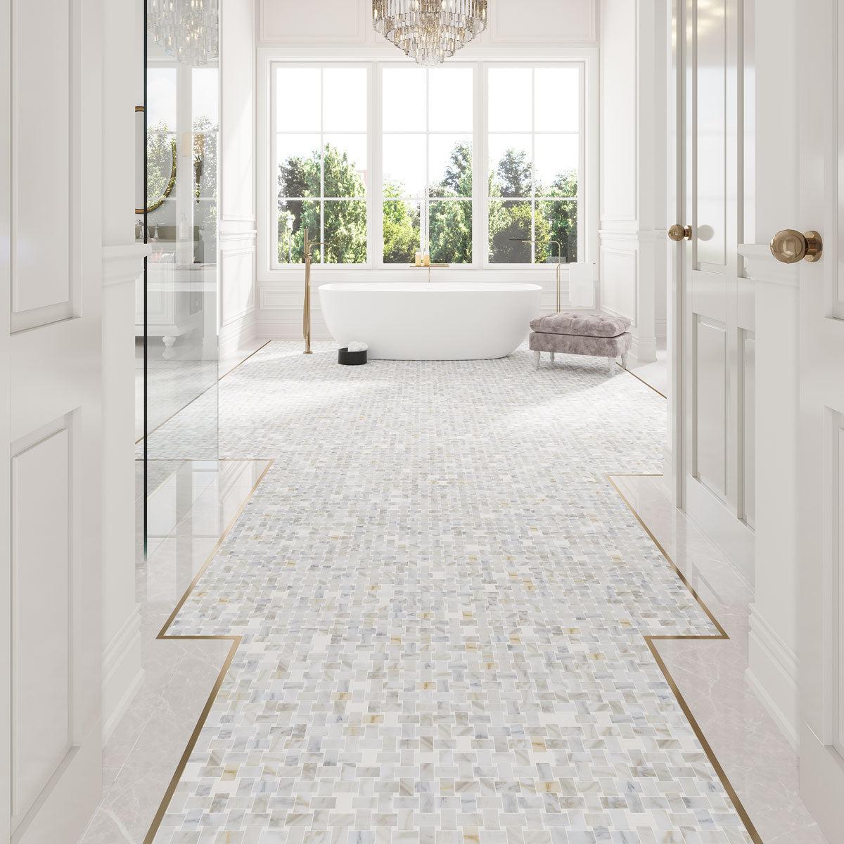 Airy bathroom with a marble basket weave floor
