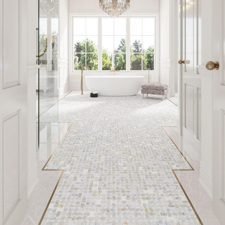 Airy bathroom with a marble basket weave floor