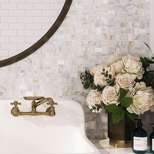 Calacatta Gold and Thassos Basket Weave Tile Mosaic