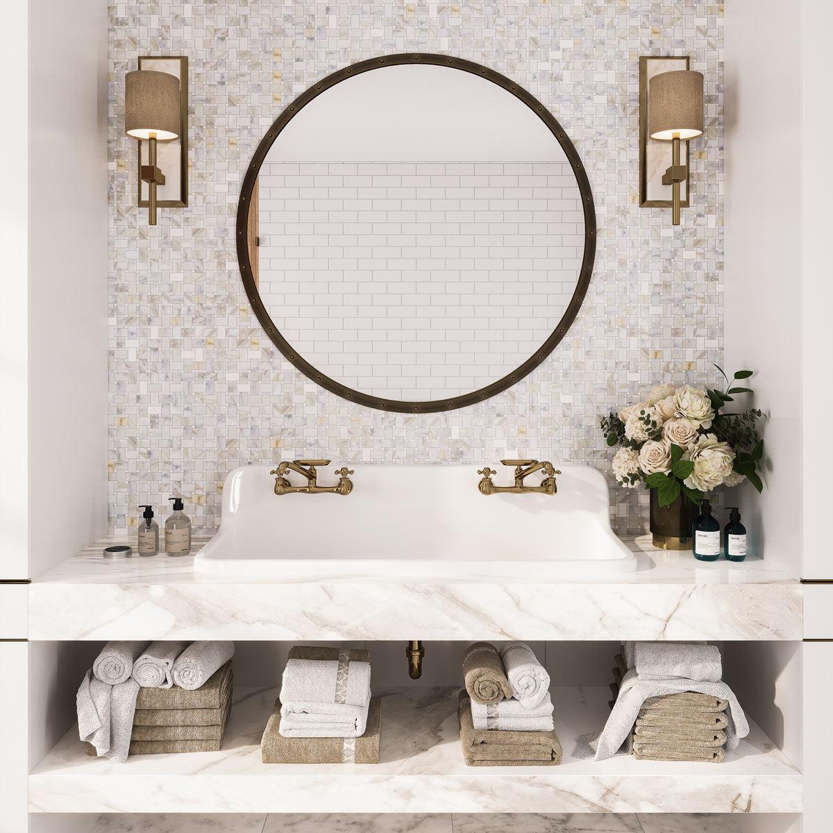 Calacatta Gold and Thassos Basket Weave Tile Mosaic