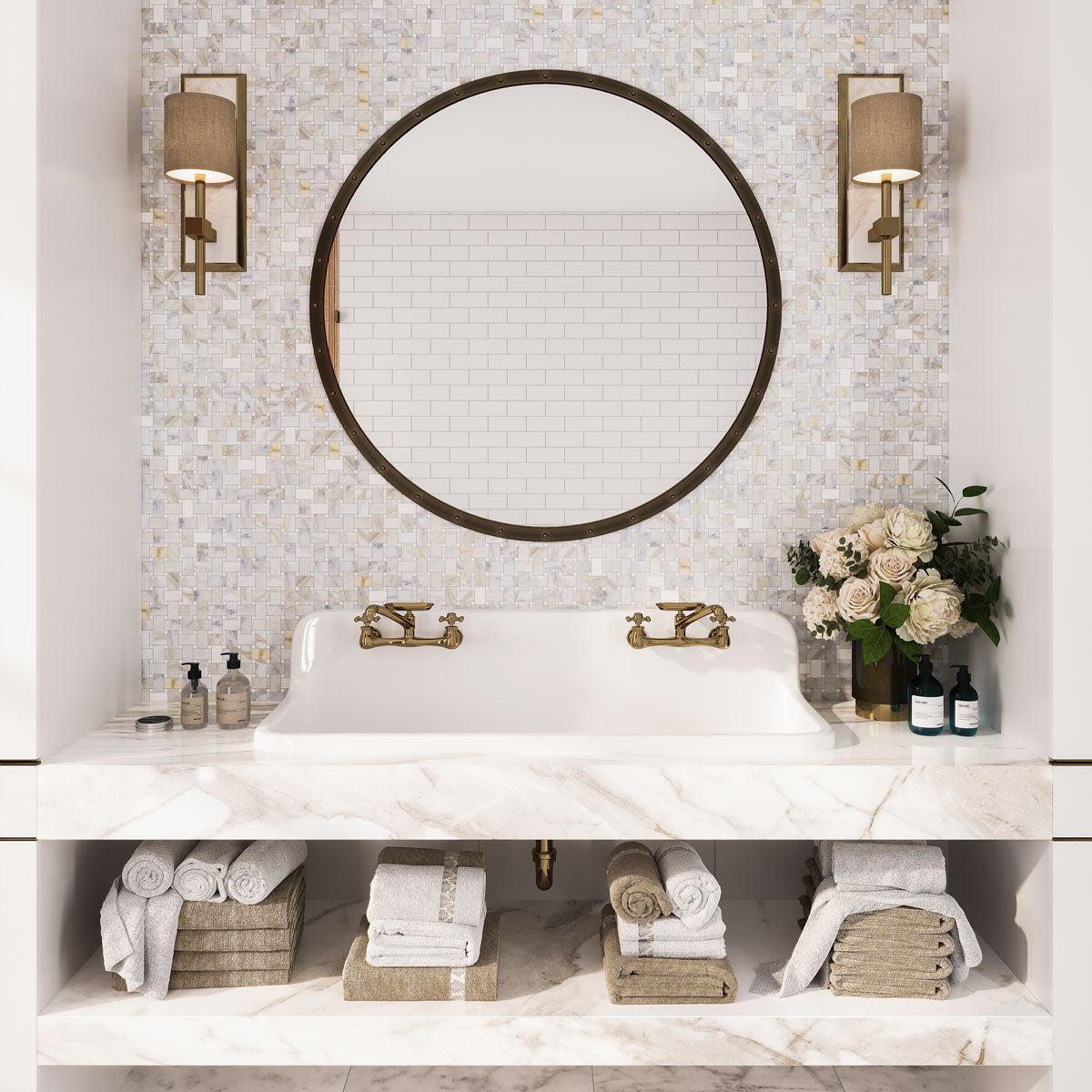 Calacatta Gold and Thassos Basket Weave Tile Mosaic | Tile Club