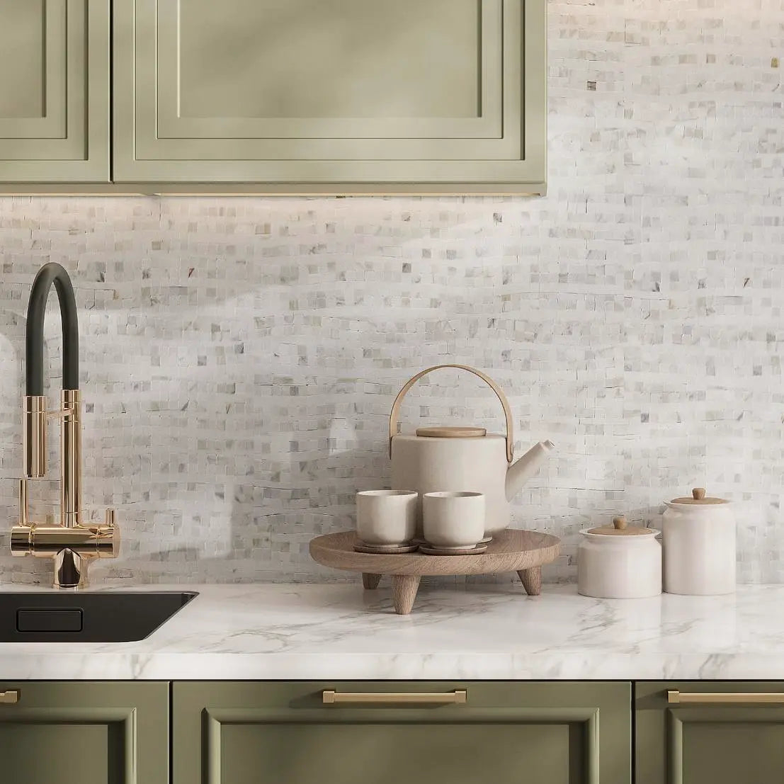 Calacatta Gold Waterfall Marble Mosaic Tile for a micro mosaic kitchen backsplash