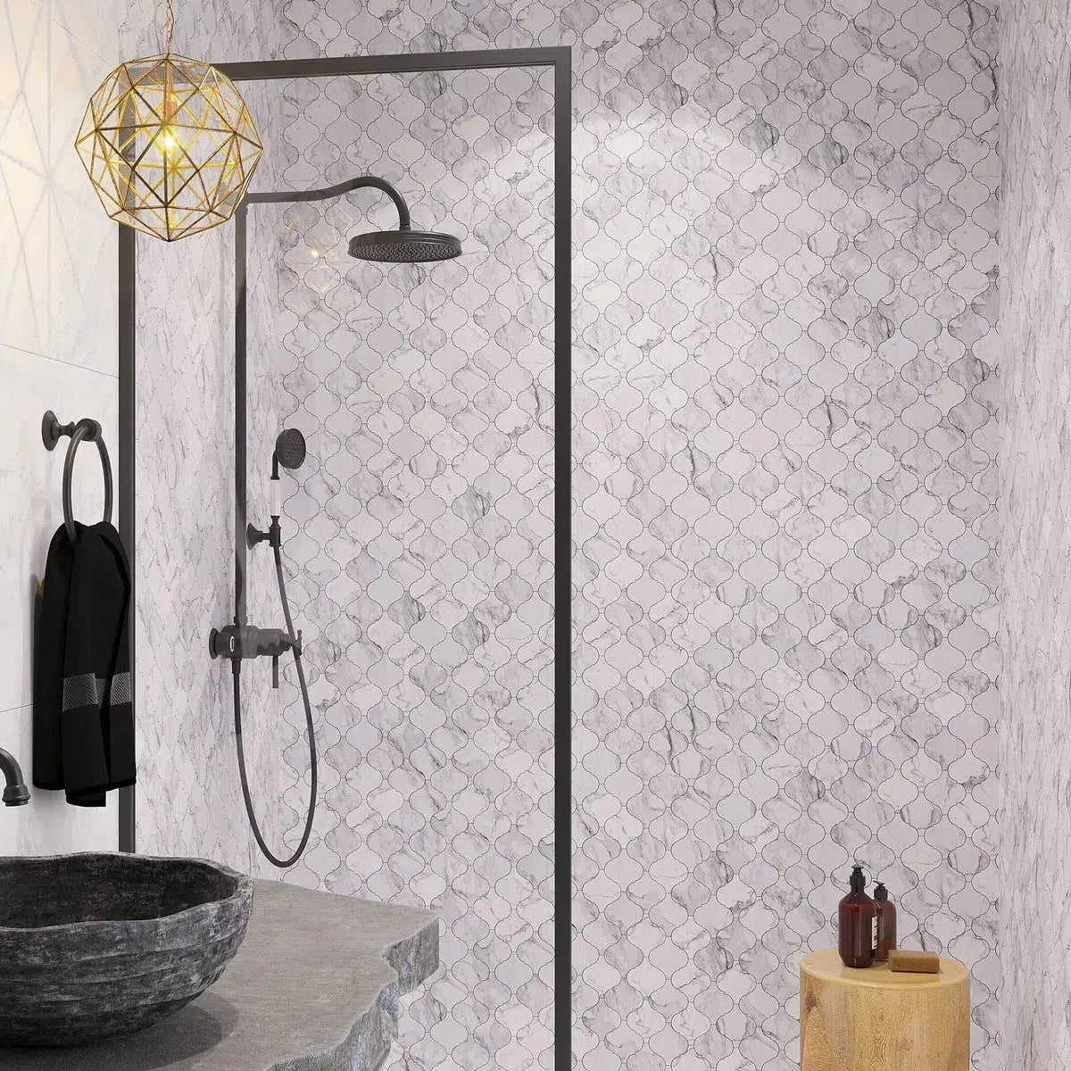 Modern bathroom with calacatta marble tile shower wall