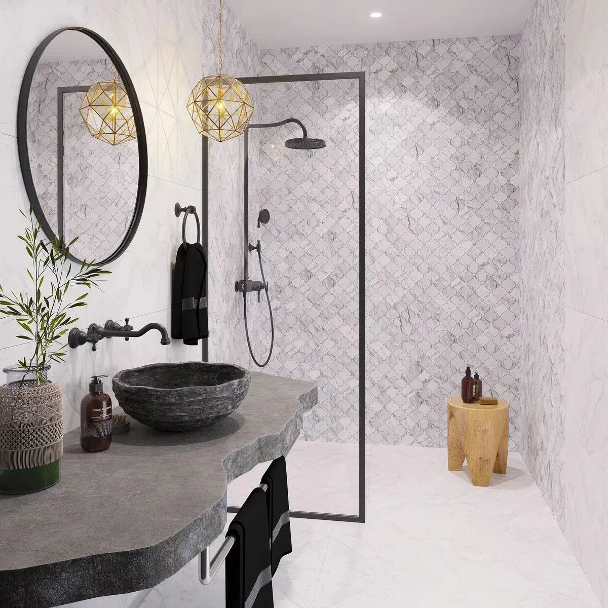 Contemporary bathroom with marble tile wall and iron and wooden textures