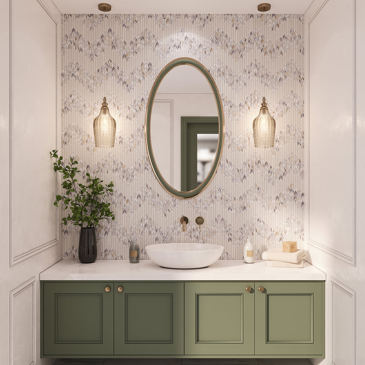 Calacatta Monet Neutral Fletching Marble Mosaic Tile | Tile Club