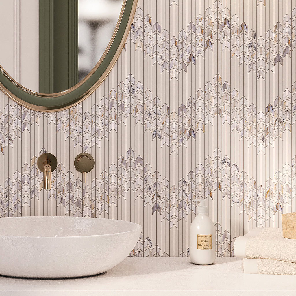 Calacatta Monet Neutral Fletching Marble Mosaic Tile | Tile Club