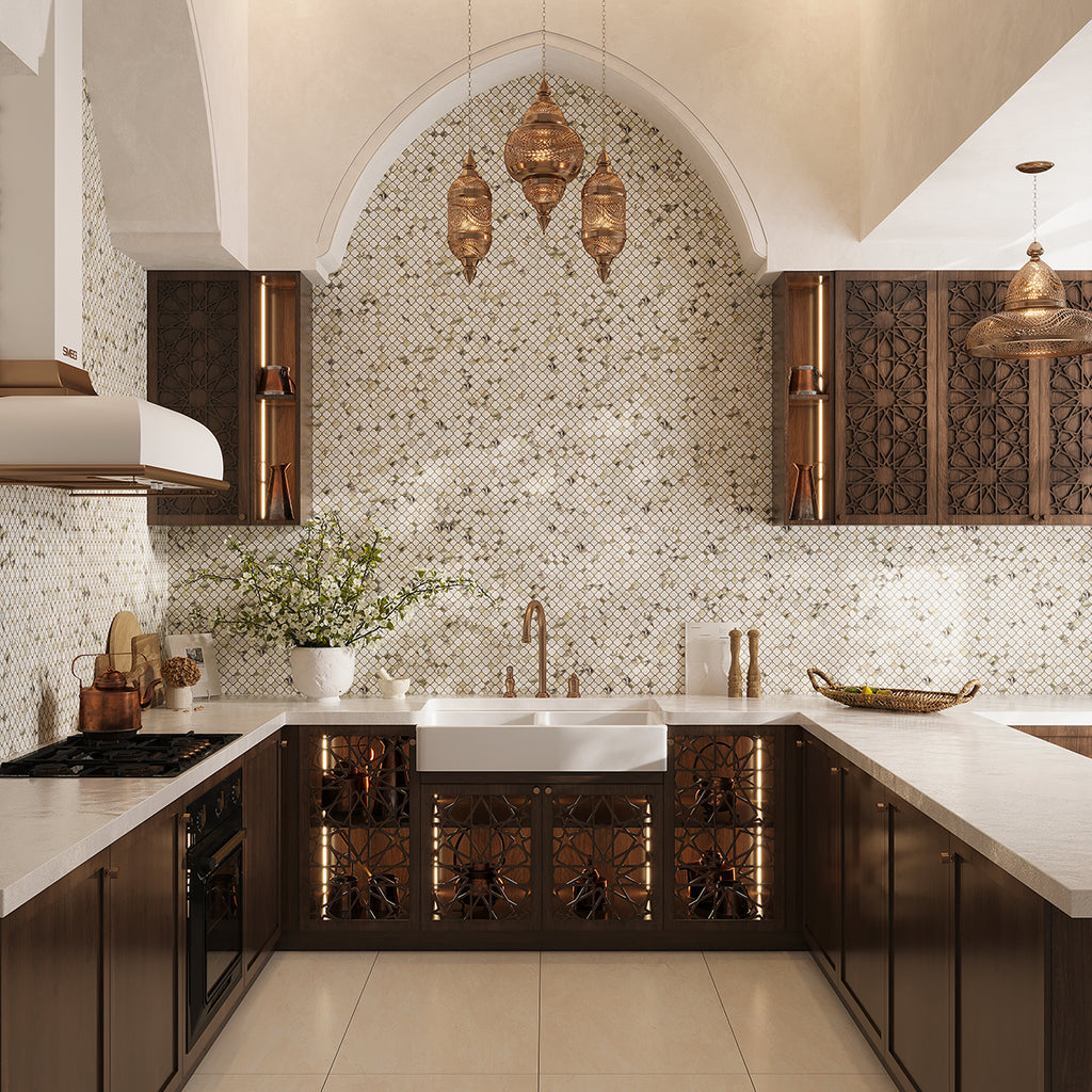 Calacatta Monet Petite Lantern Marble Mosaic Tile | Tile Club