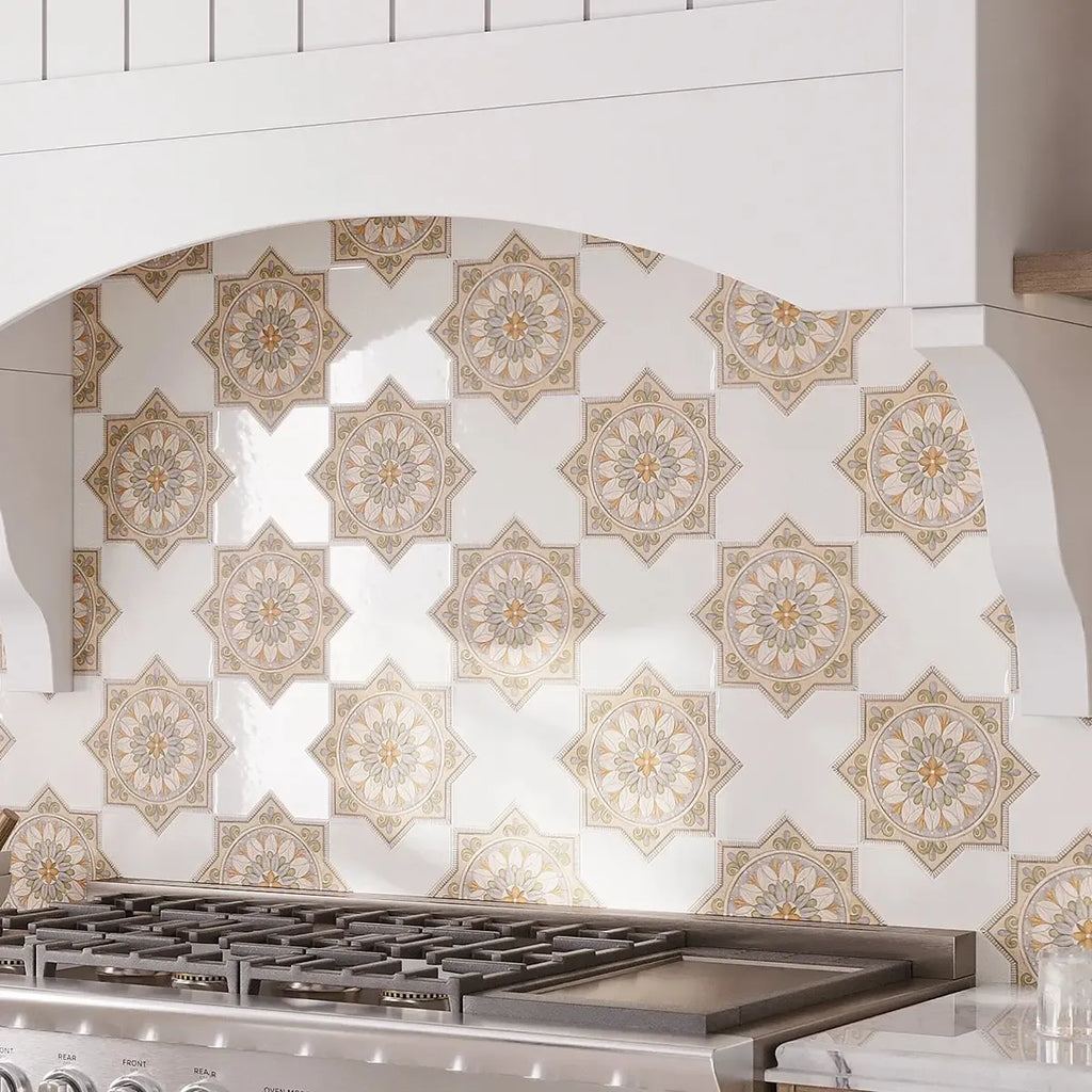 Mix and match kitchen backsplash tiles with decorative star and cross tiles