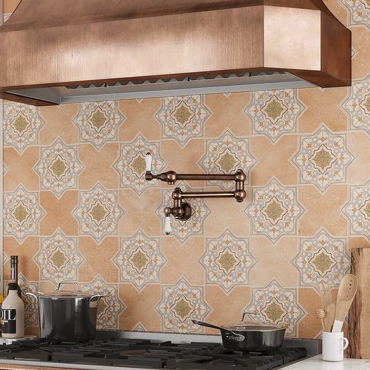 Decorative porcelain star tile backsplash with terracotta crosses