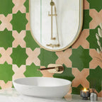 Camila Green Star tiles with Terracotta Crosses for a colorful Moroccan bathroom