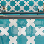 Glossy Turquoise Star and Cross Tile Accent Wall