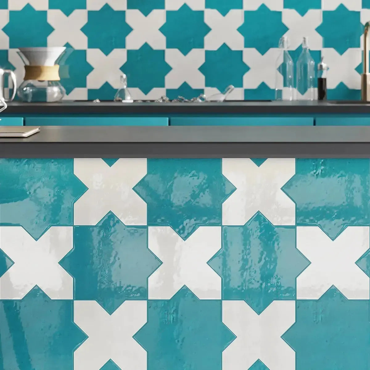 Glossy Turquoise Star and Cross Tile Accent Wall