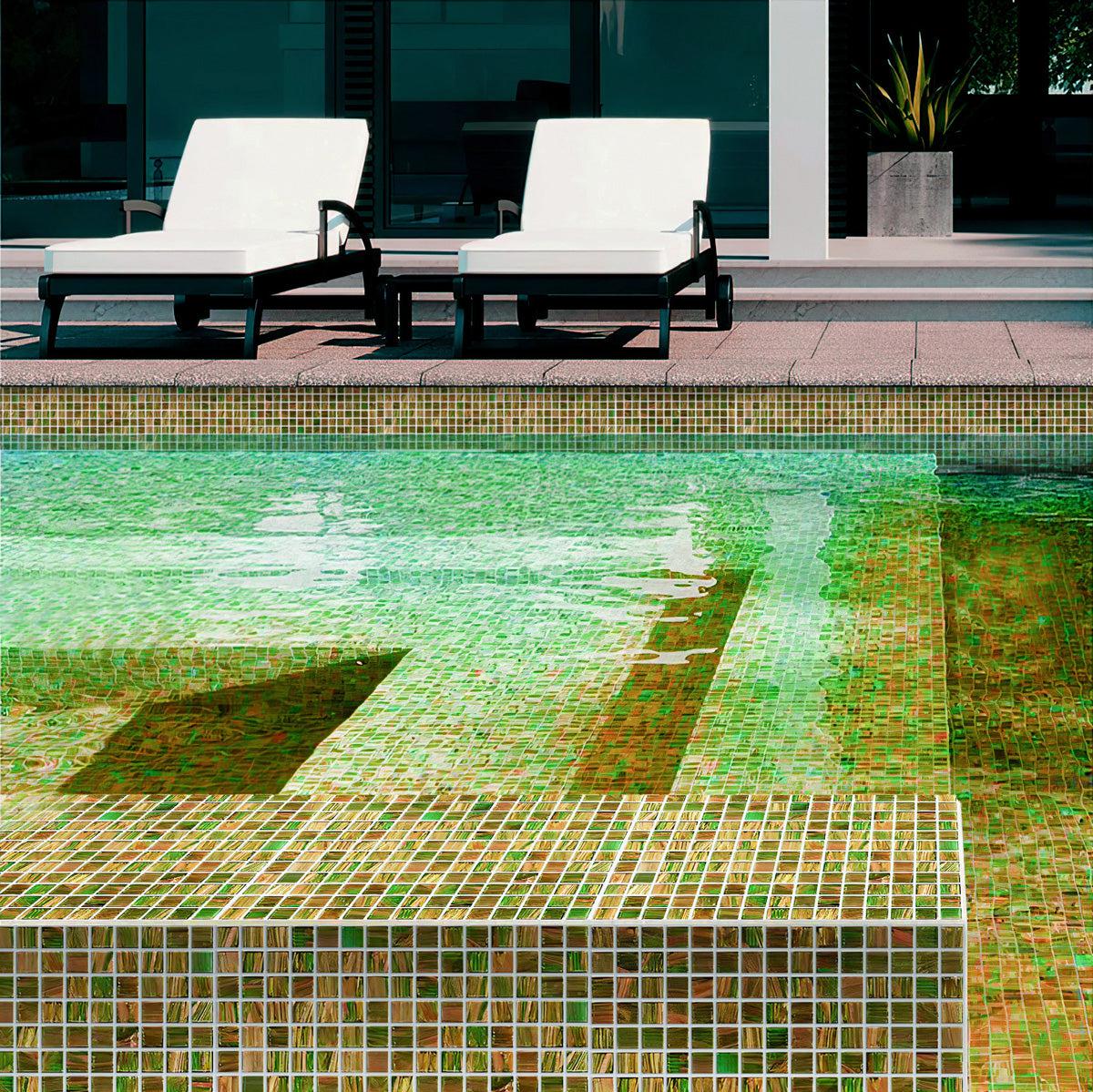 Outdoor Pool with Walls Finished in Camo Green & Brown Squares Glass Pool Tile