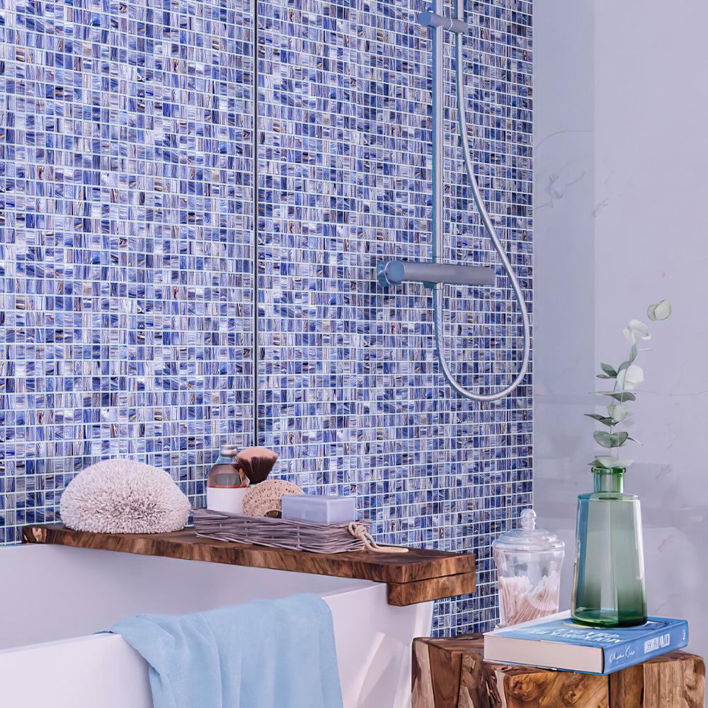 Cape Cod Blue Mixed Swirls Squares Glass Pool Tile | Tile Club