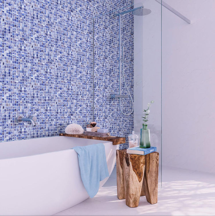 Cape Cod Blue Mixed Swirls Squares Glass Pool Tile Bathroom Backsplash