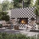 Carmel Matte Black Porcelain Star Tile for a black and white outdoor fireplace