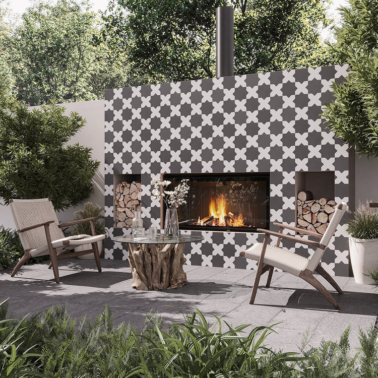 Carmel Matte Black Porcelain Star Tile for a black and white outdoor fireplace