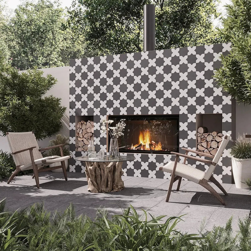 Carmel Matte Black Porcelain Star Tile for a black and white outdoor fireplace