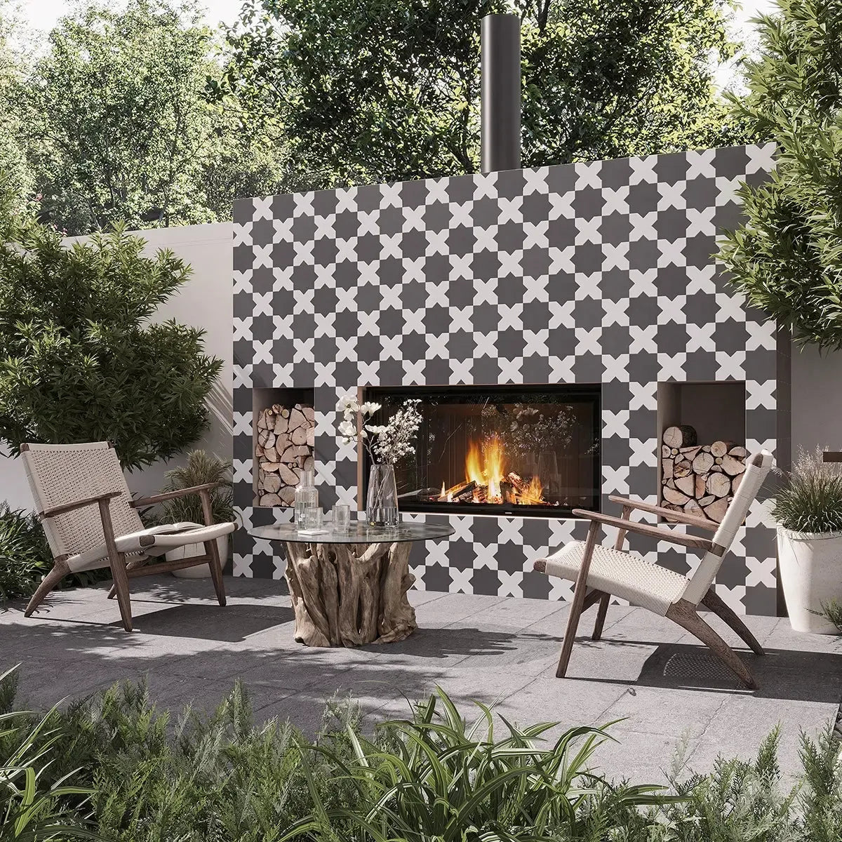 Carmel Matte Black Porcelain Star Tile for a black and white outdoor fireplace