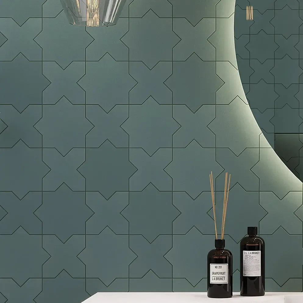 Carmel Sage Green Porcelain Cross Tile Bathroom Backsplash