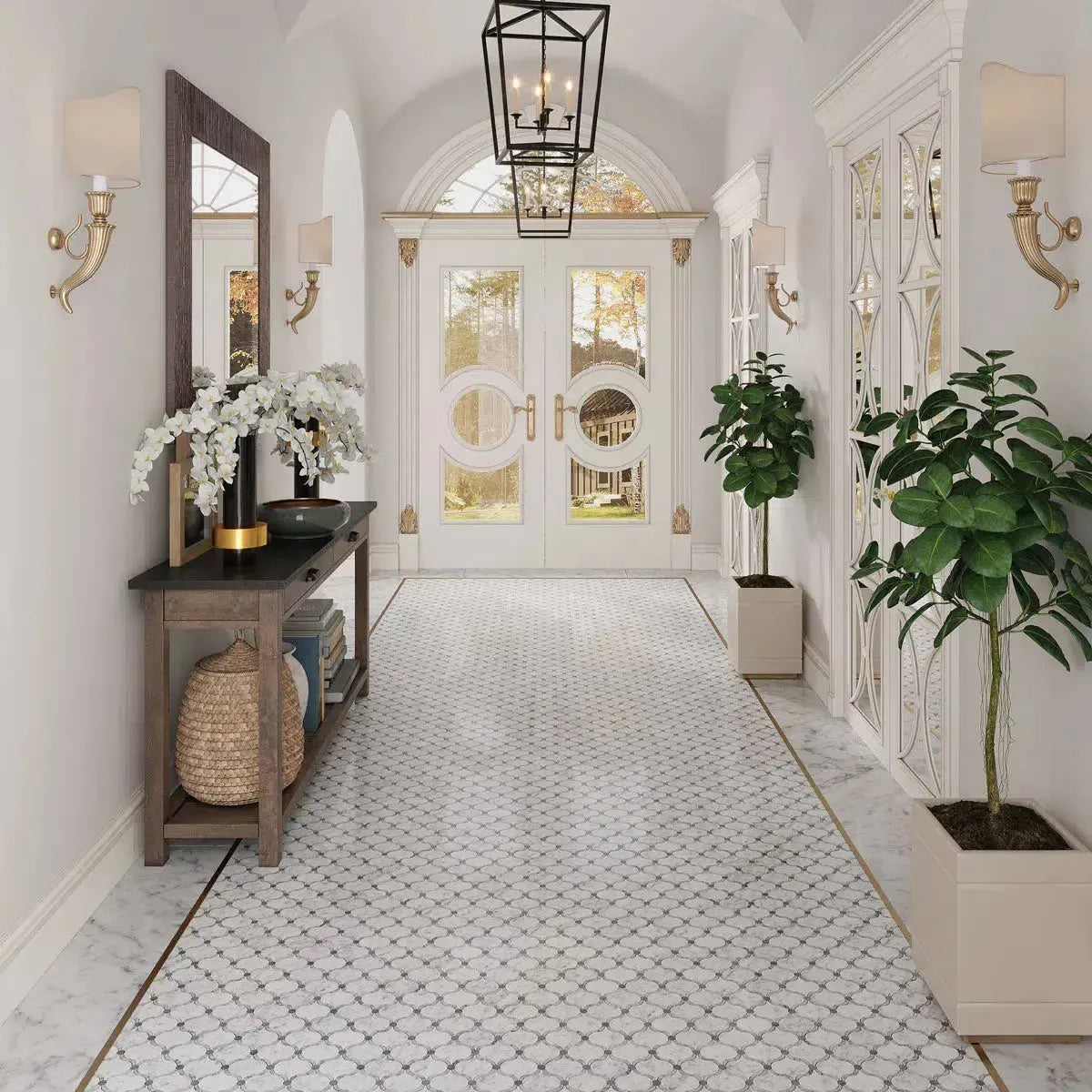 Carrara Arabesque Tile With Bardiglio Dots | Tile Club
