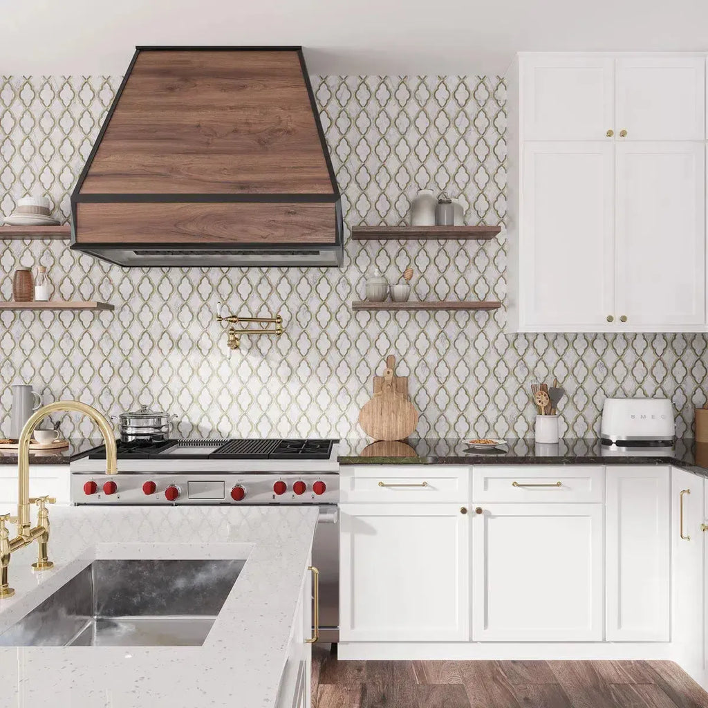 Carrara Arabesque Tile With Wooden Beige Lines | Tile Club