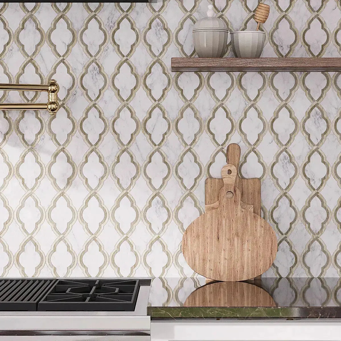 Carrara Arabesque Tile With Wooden Beige Lines | Tile Club