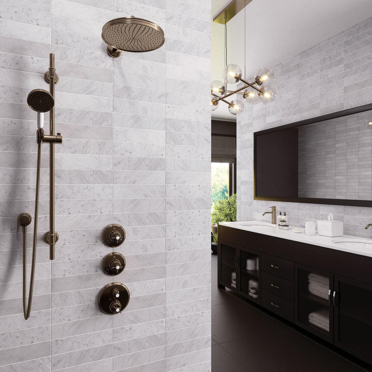 Modern marble bathroom with a frameless shower