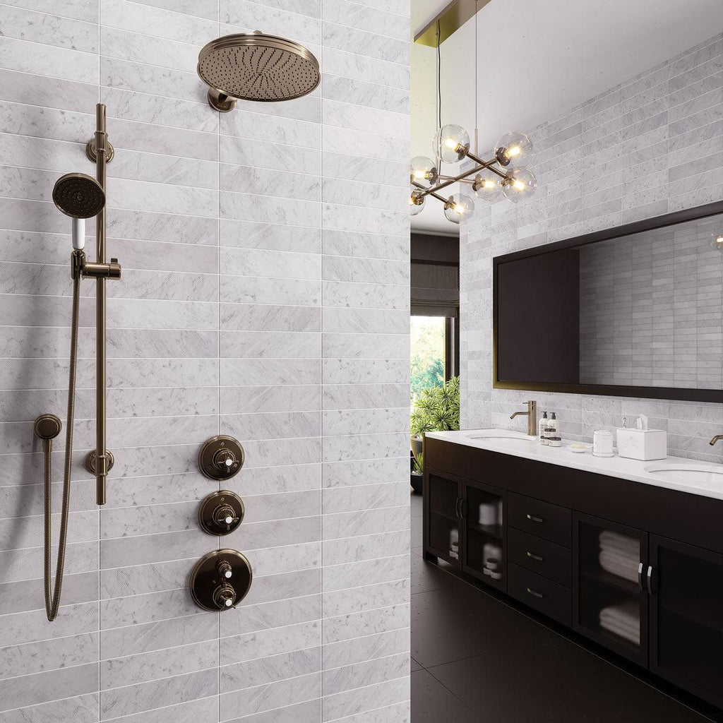 Modern marble bathroom with a frameless shower