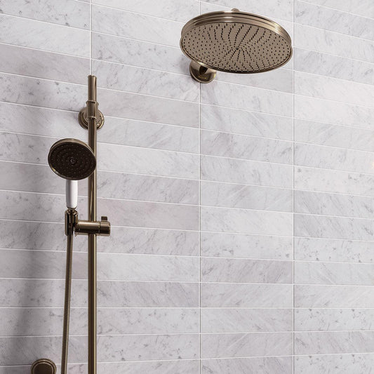 Carrara Chevron Etched Subway Marble Tile shower wall