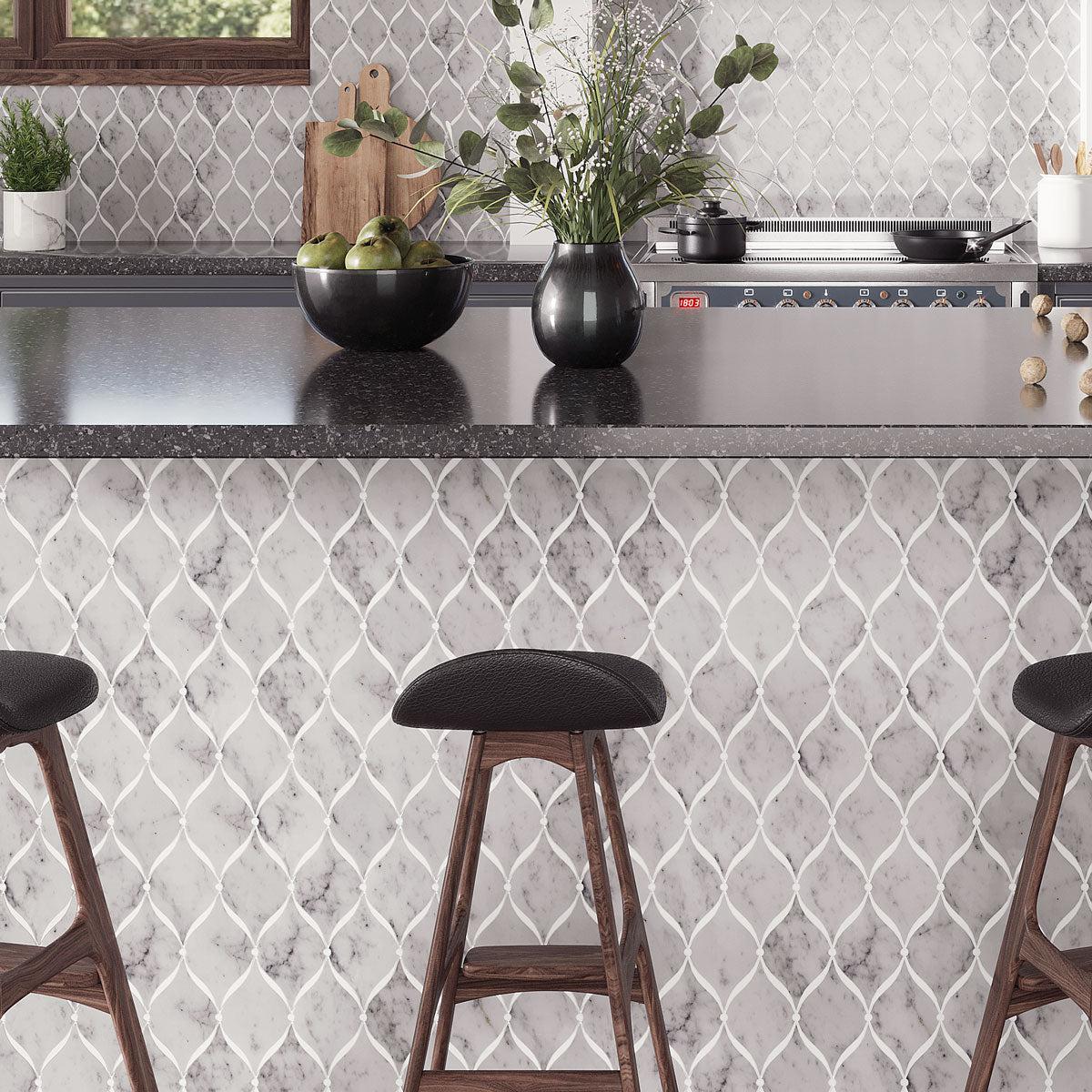 Tiled island design with Carrara Chic With Thassos Dots Marble Mosaic Tile and matching backsplash