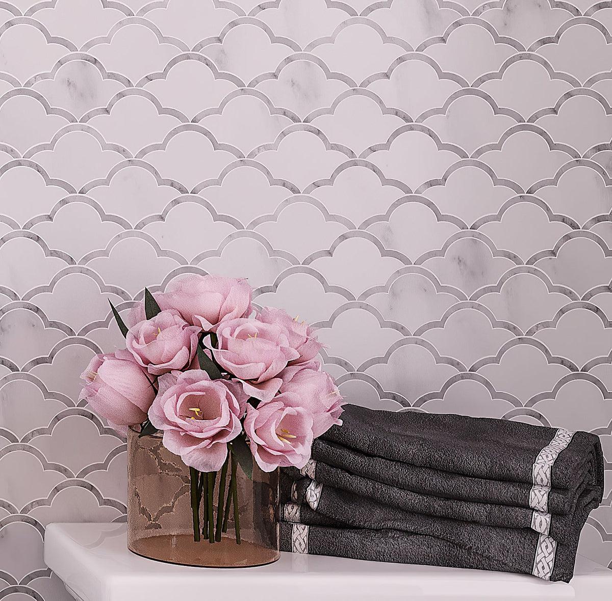 Carrara Clouds Marble Mosaic Tile Bathroom Wall