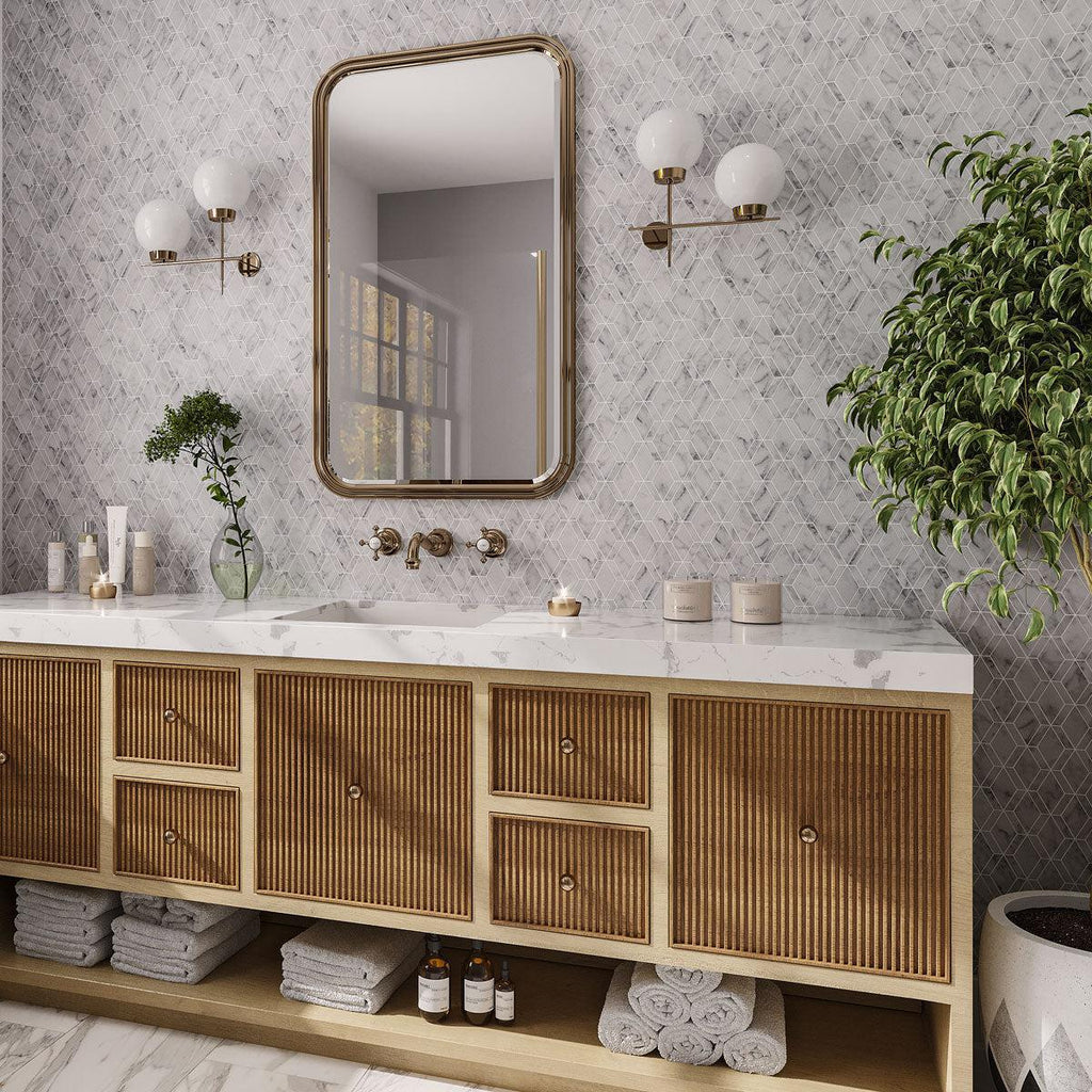 70s Bathroom Style with Marble mosaic backsplash tile