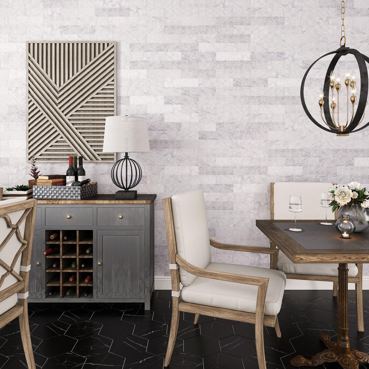 Restaurant design with etched Carrara marble subway tile walls