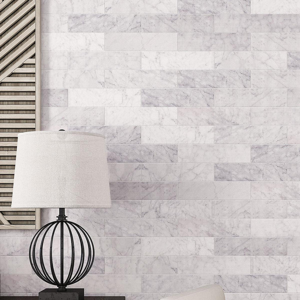 Carrara Dots Etched Subway Marble Tile Wall