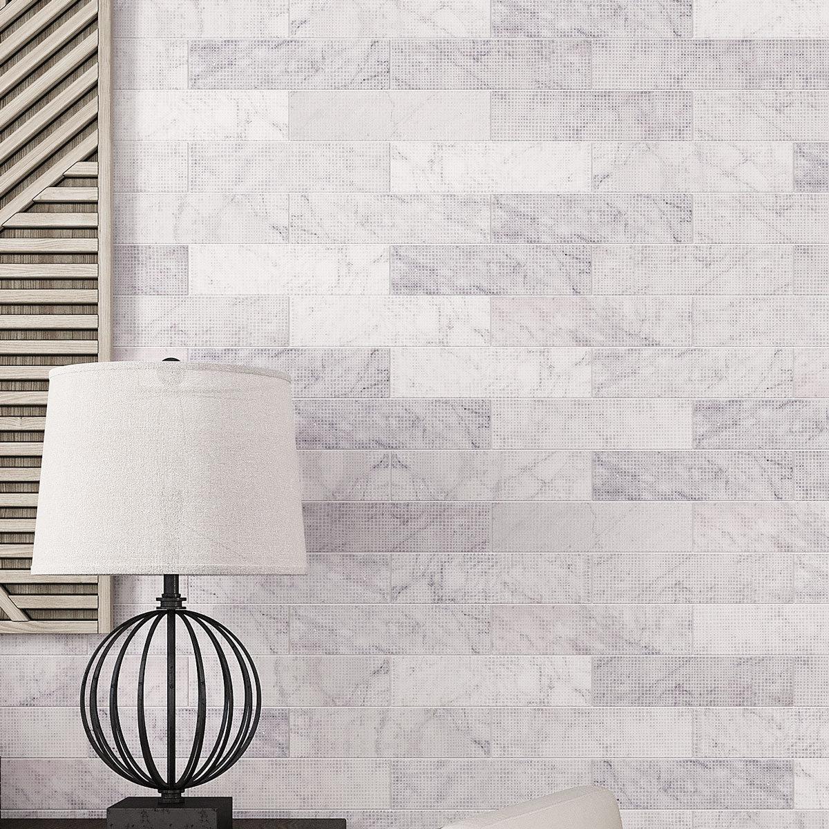 Carrara Dots Etched Subway Marble Tile Wall