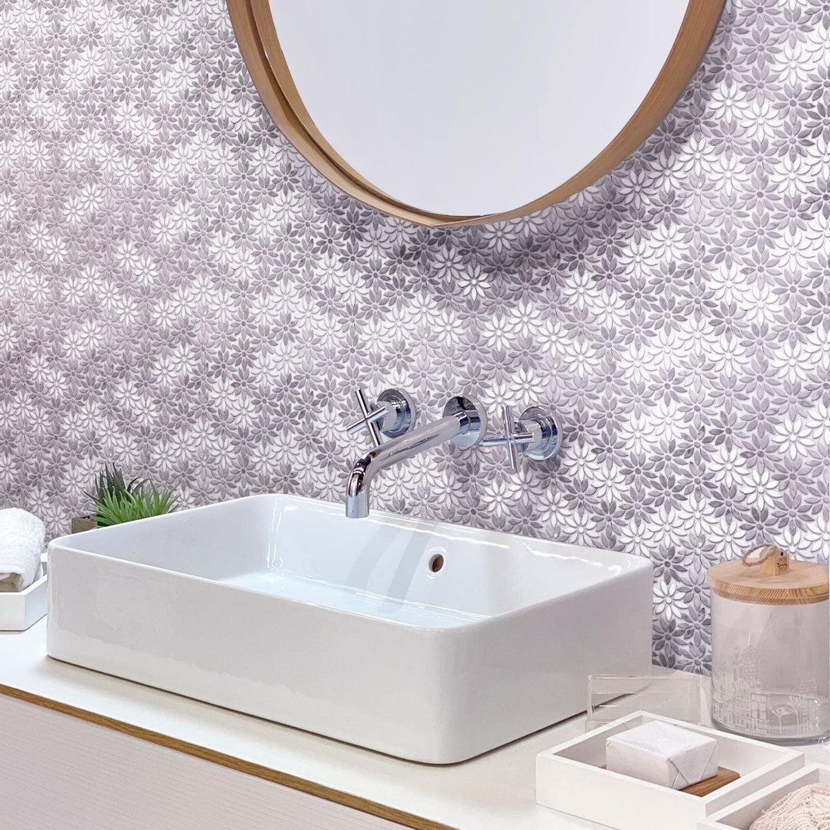 Carrara & Oriental White Bouquette Marble Mosaic Tile Bathroom Backsplash