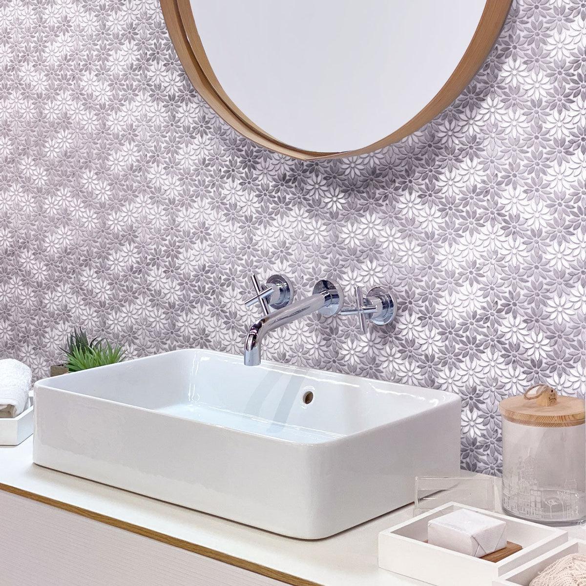 Carrara & Oriental White Bouquette Marble Mosaic Tile Bathroom Backsplash