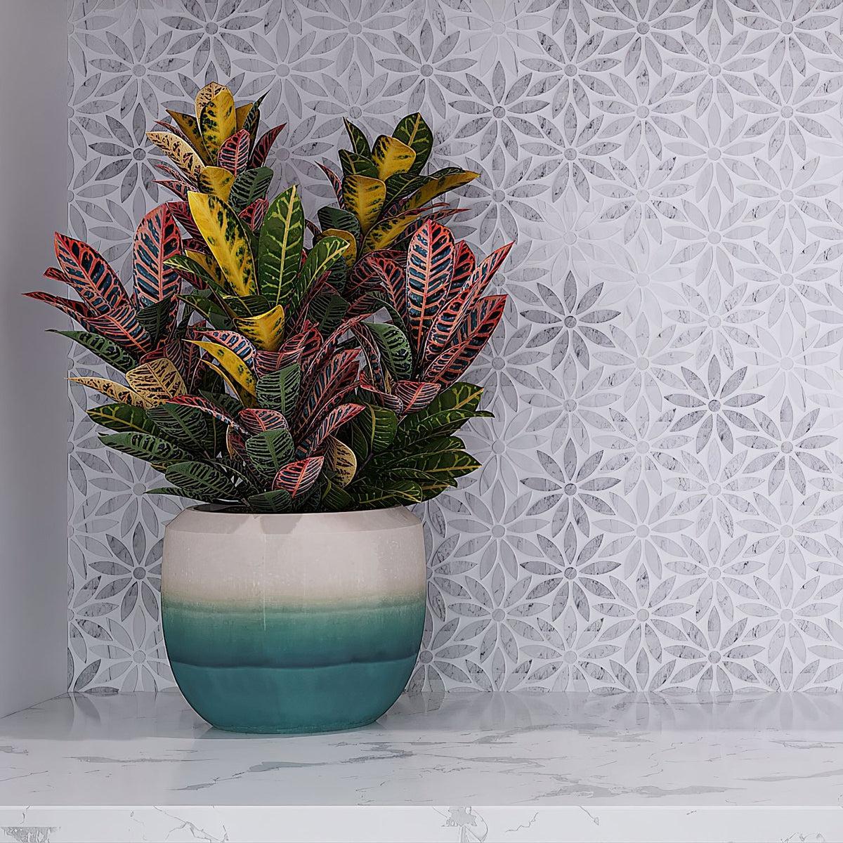 Carrara & Oriental White Bouquette Marble Mosaic Tile kitchen wall close-up