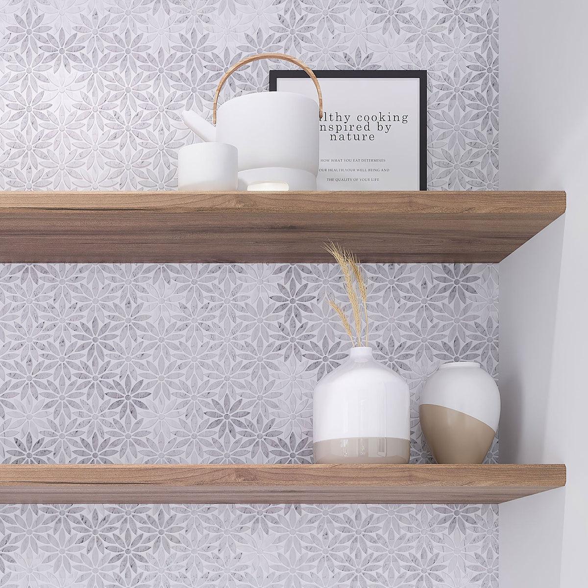 Carrara & Oriental White Bouquette Marble Mosaic Wall in Wood and White Kitchen