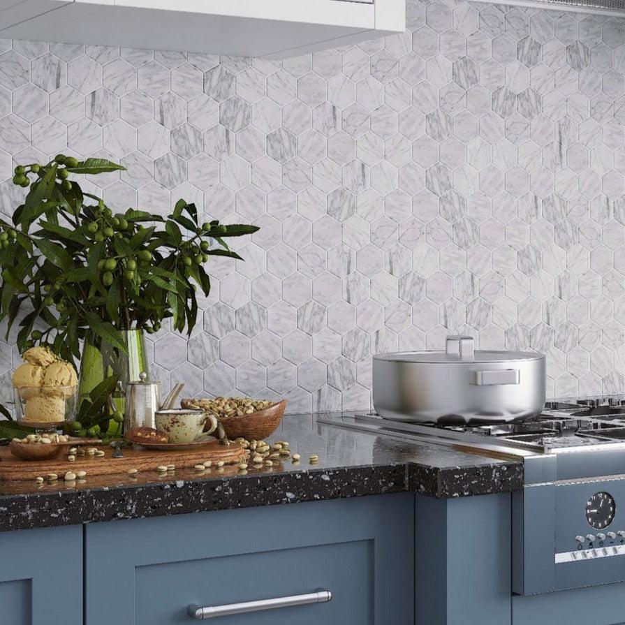 Marble hexagon tile peel and stick backsplash